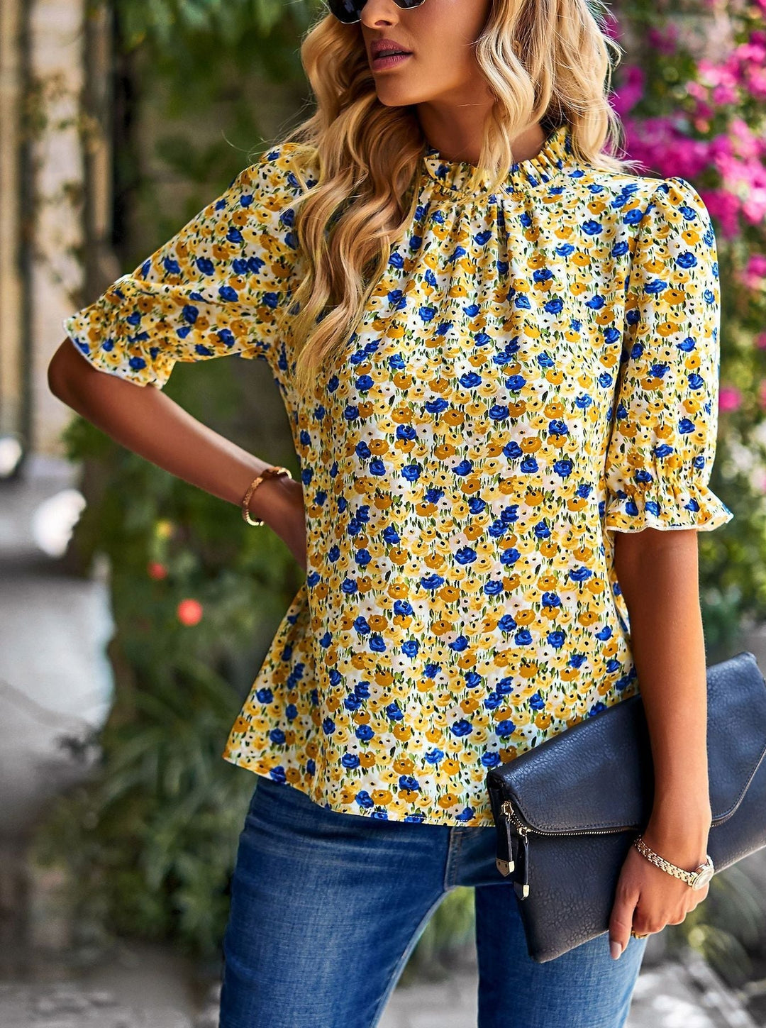 Lässiges Top mit Blumenmuster und Puffärmel