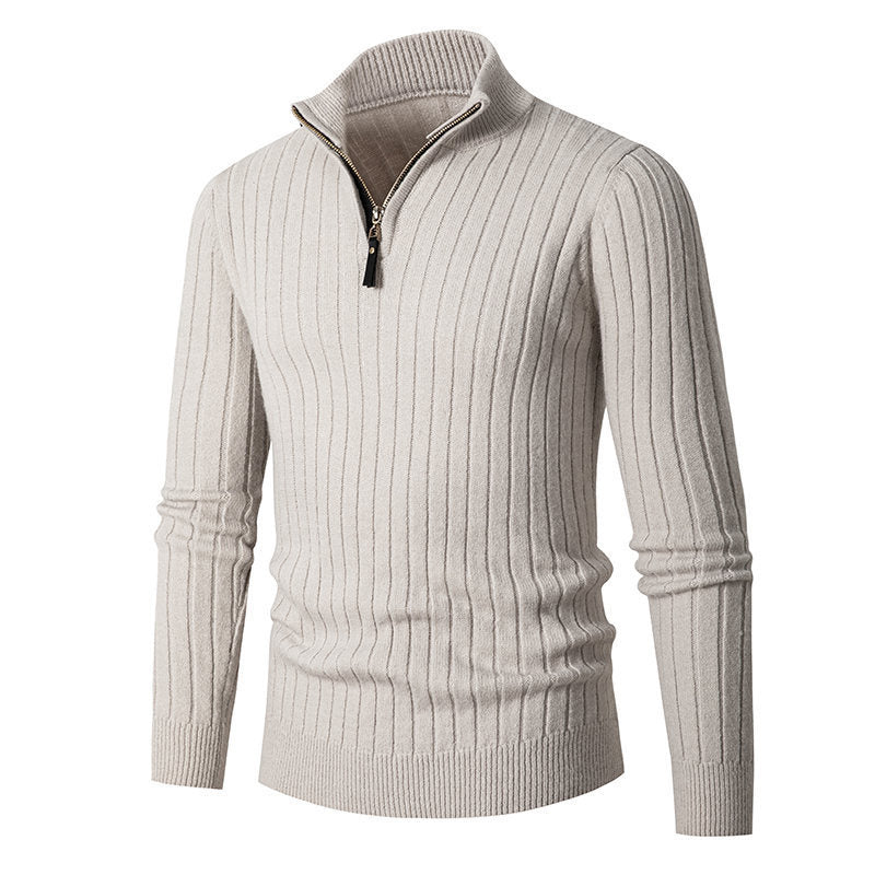 Leon | Gerippter Wollpullover mit halbem Zipper