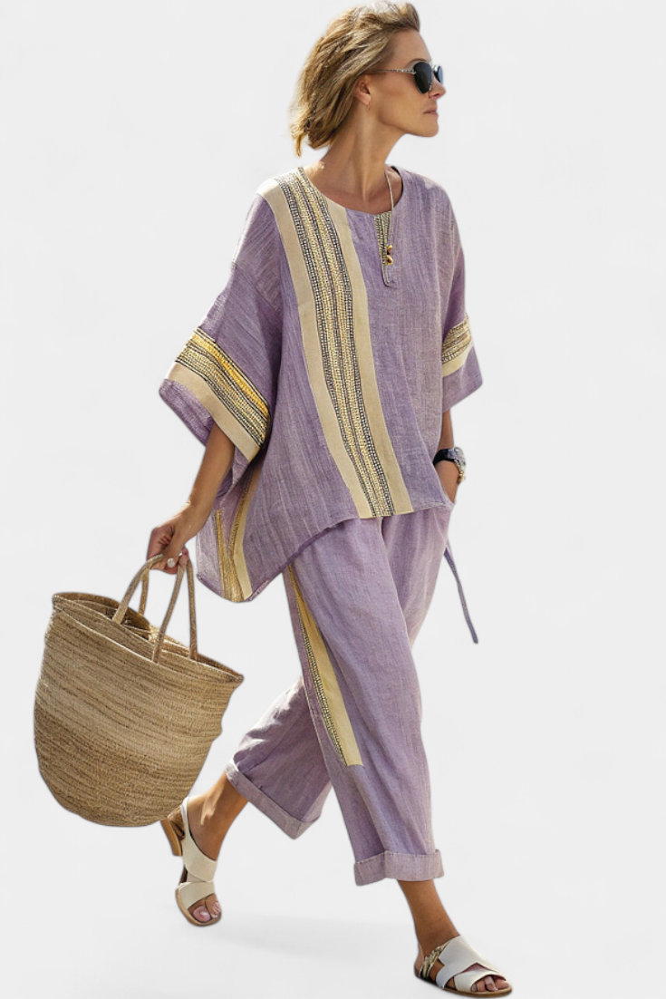 Elisa | Exquisites Lavendeltop mit Mustard-Streifen Hose