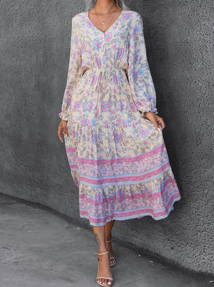 Langärmeliges Swing | Kleid mit böhmischem Print