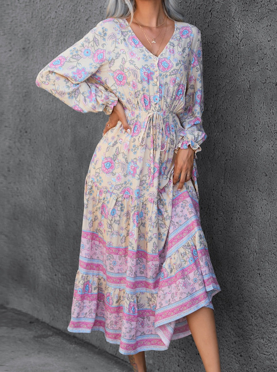 Langärmeliges Swing | Kleid mit böhmischem Print