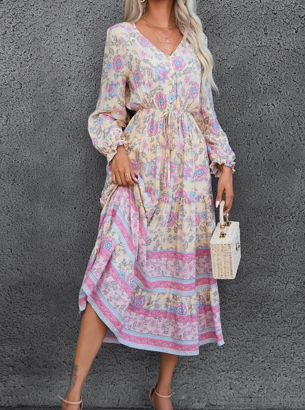 Langärmeliges Swing | Kleid mit böhmischem Print