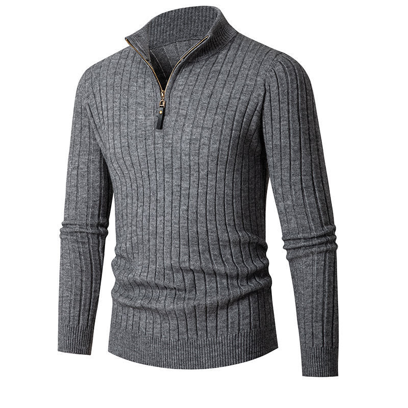 Leon | Gerippter Wollpullover mit halbem Zipper
