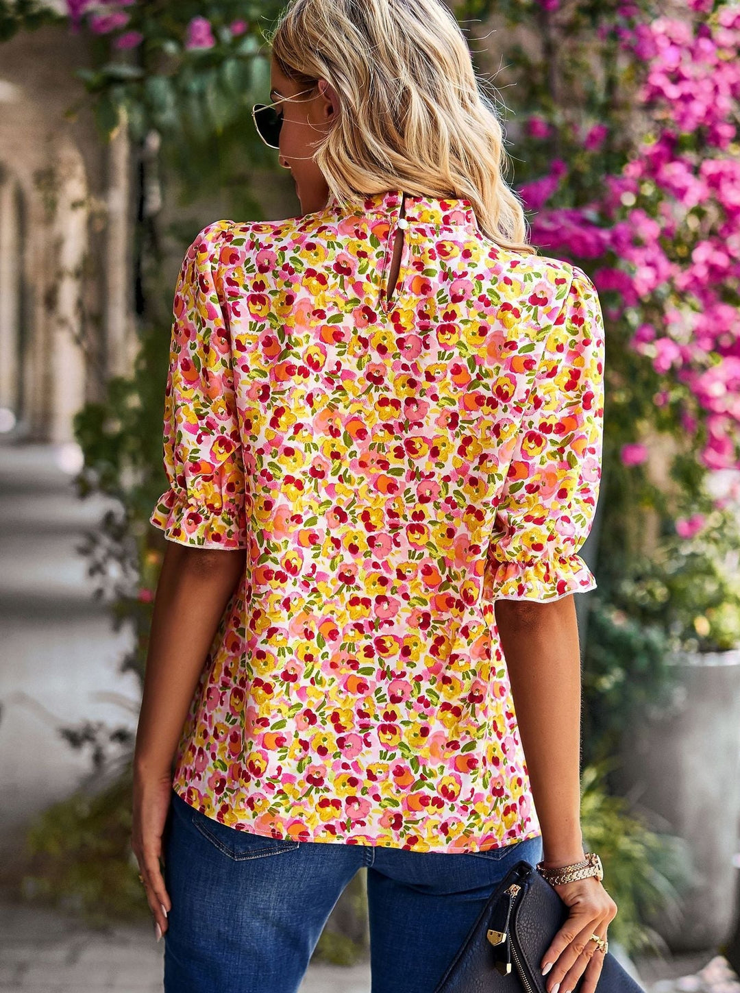 Lässiges Top mit Blumenmuster und Puffärmel