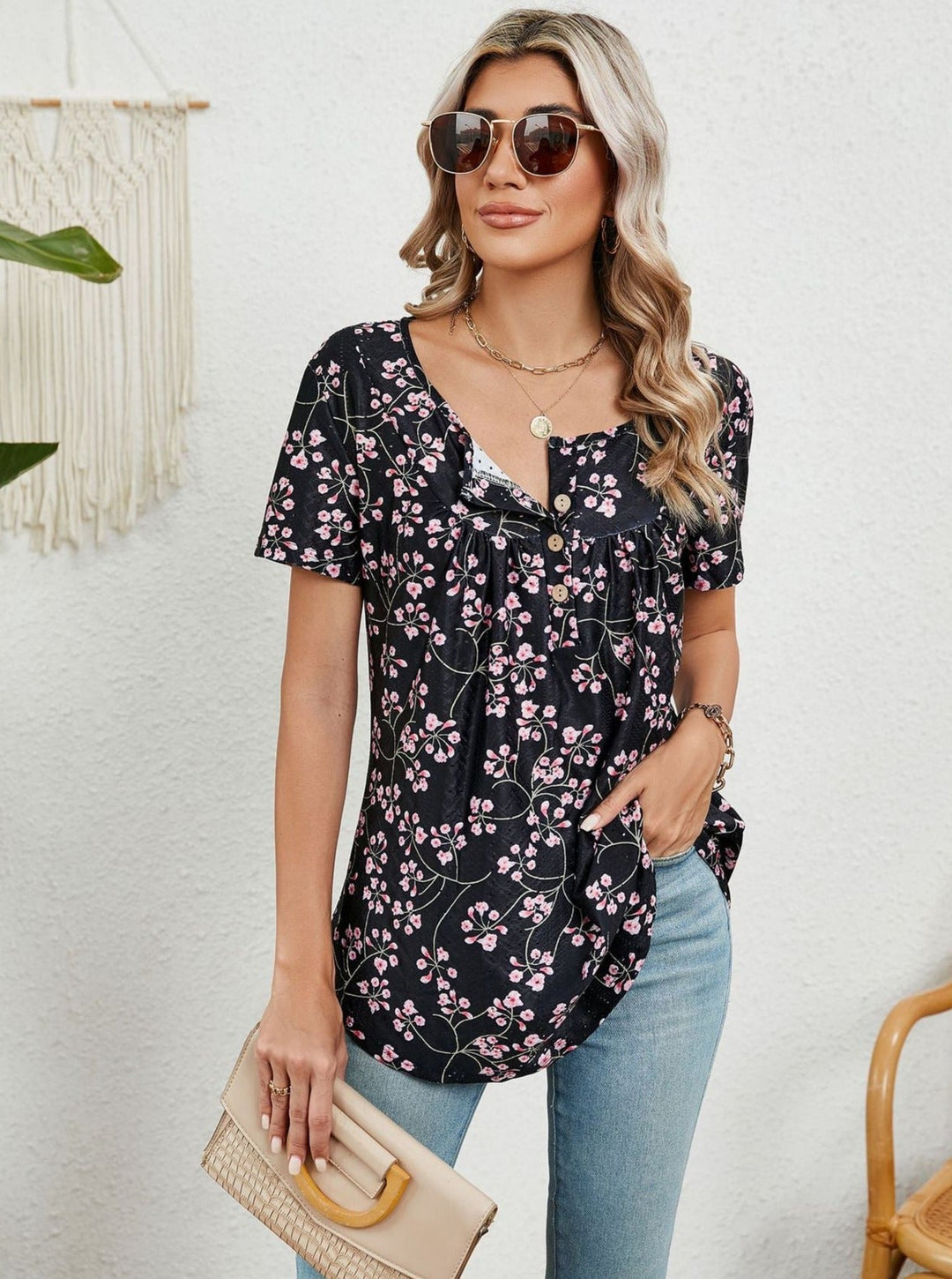 Lose bedrucktes Schwalbenschwanz Kurzarm-T-Shirt