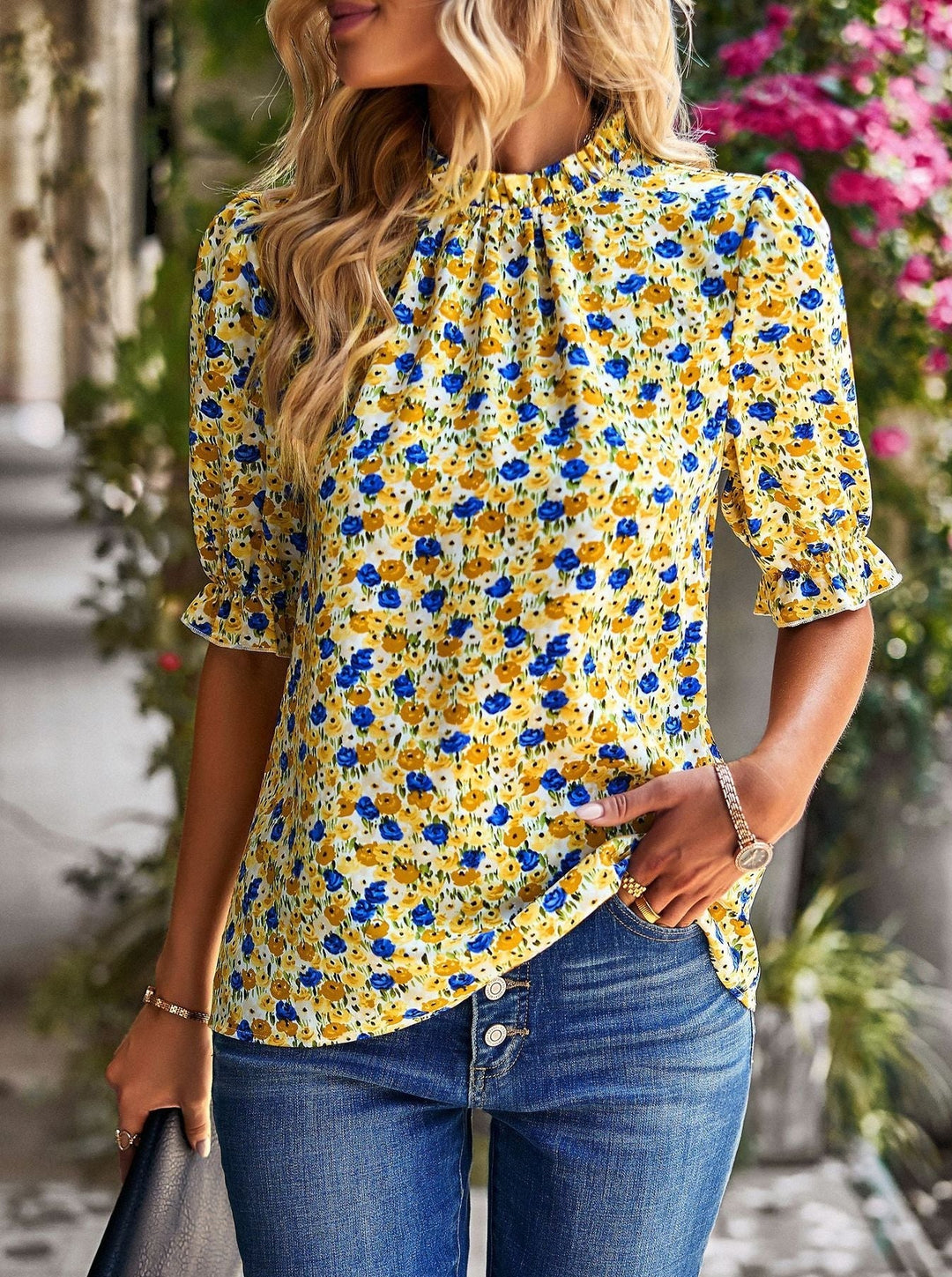 Lässiges Top mit Blumenmuster und Puffärmel