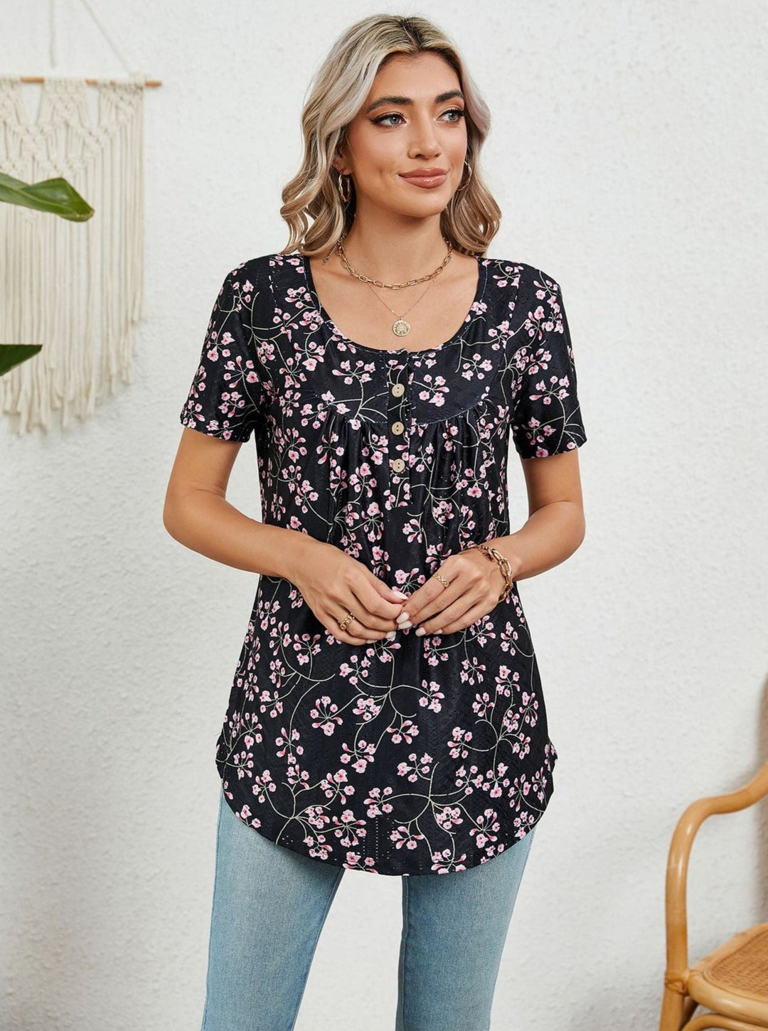 Lose bedrucktes Schwalbenschwanz Kurzarm-T-Shirt