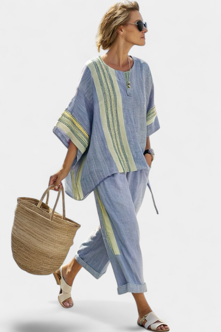 Elisa | Exquisites Lavendeltop mit Mustard-Streifen Hose