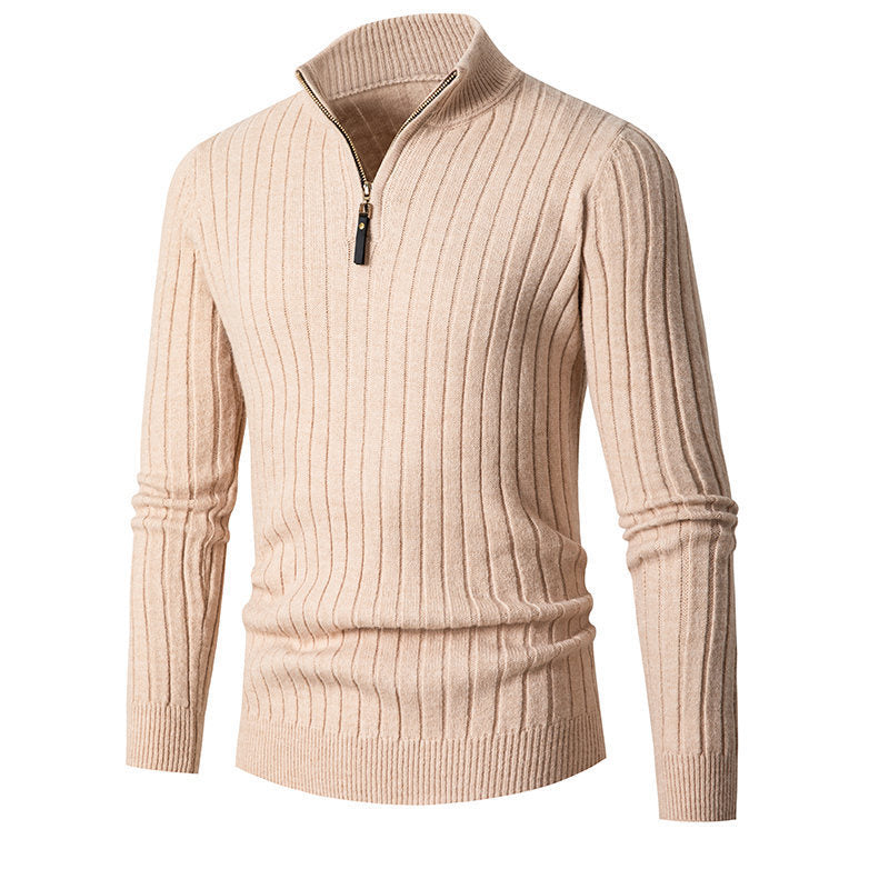 Leon | Gerippter Wollpullover mit halbem Zipper