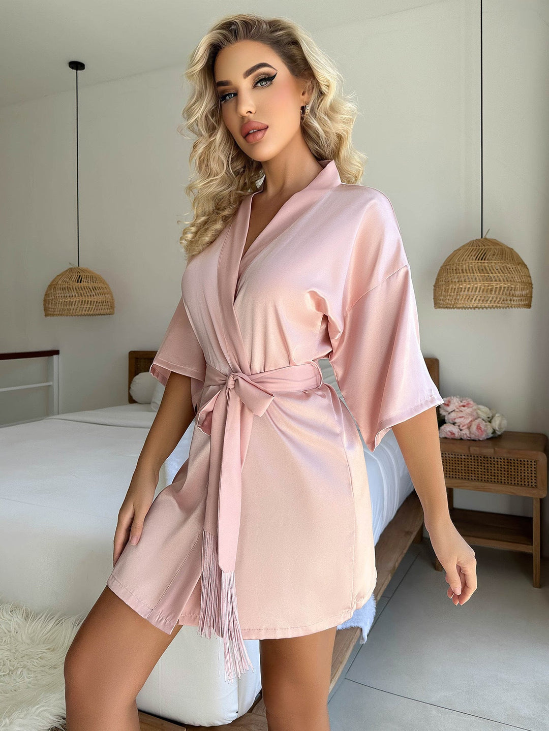 Hellrosa Kurzer Cardigan Krawatte Quaste Bademantel Sexy Pyjamas