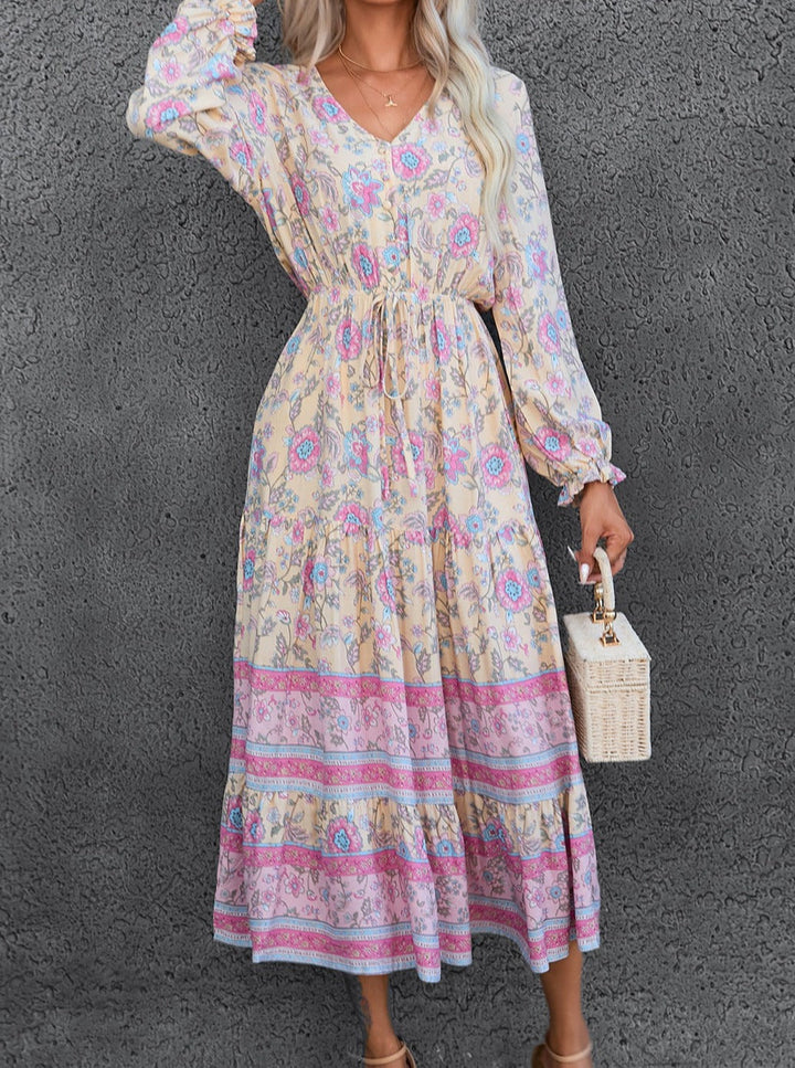 Langärmeliges Swing | Kleid mit böhmischem Print