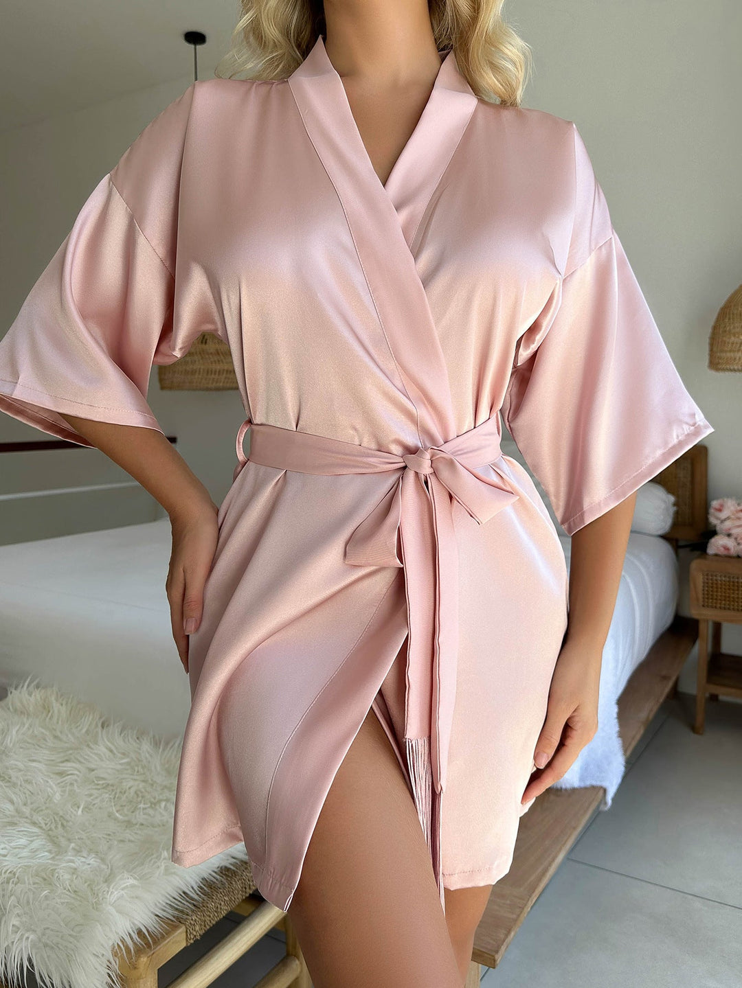 Hellrosa Kurzer Cardigan Krawatte Quaste Bademantel Sexy Pyjamas