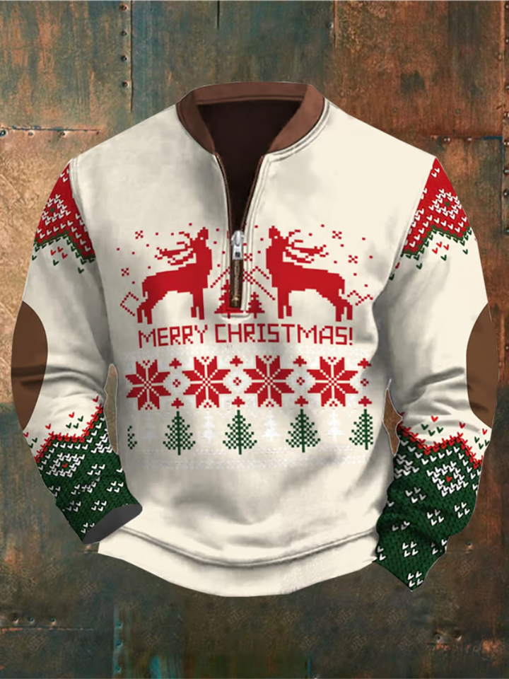 Zoe | Herren Pullover Weihnachten Weiß Mit Rentier & Schneemotiv