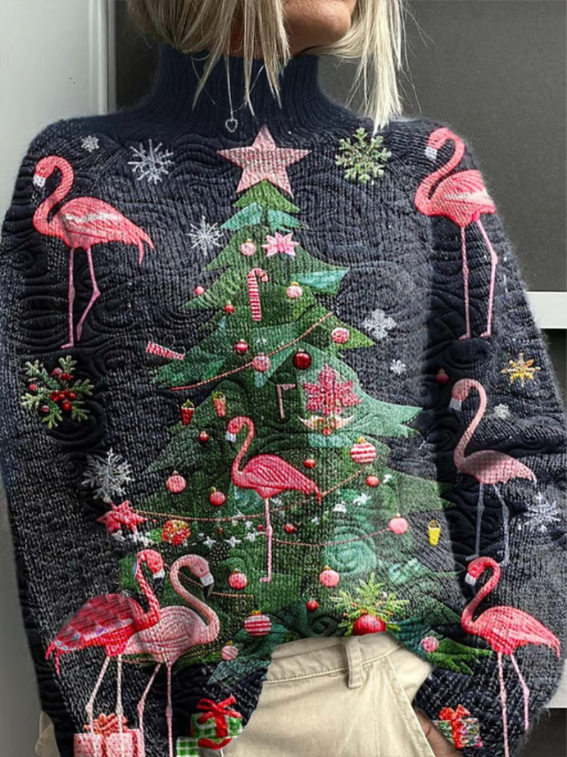 Ella | Winterlicher Damenpullover Mit Flamingos & Baum