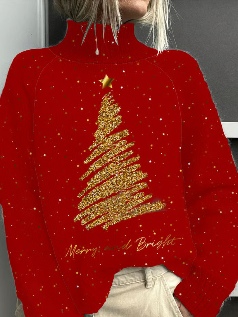 Kira | Damen Strickpullover Weihnachten Mit Goldbaumprint