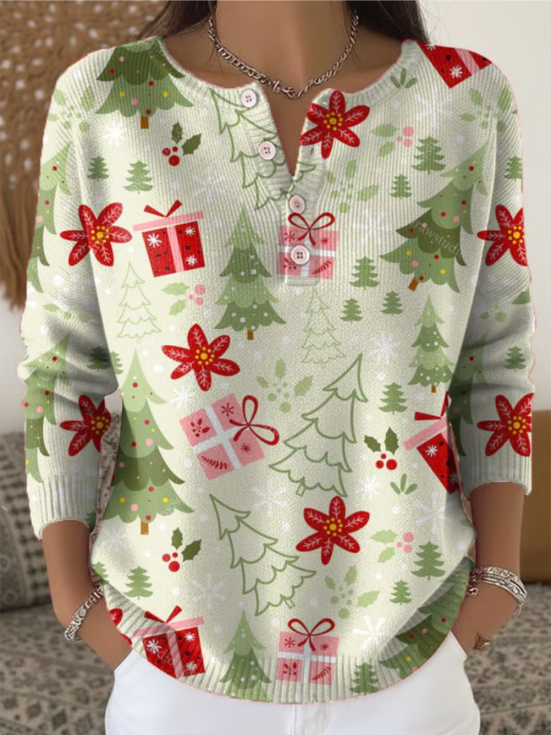 Emma | Lässiger Weihnachts-Pullover Damen Mit Geschenken & Tannen