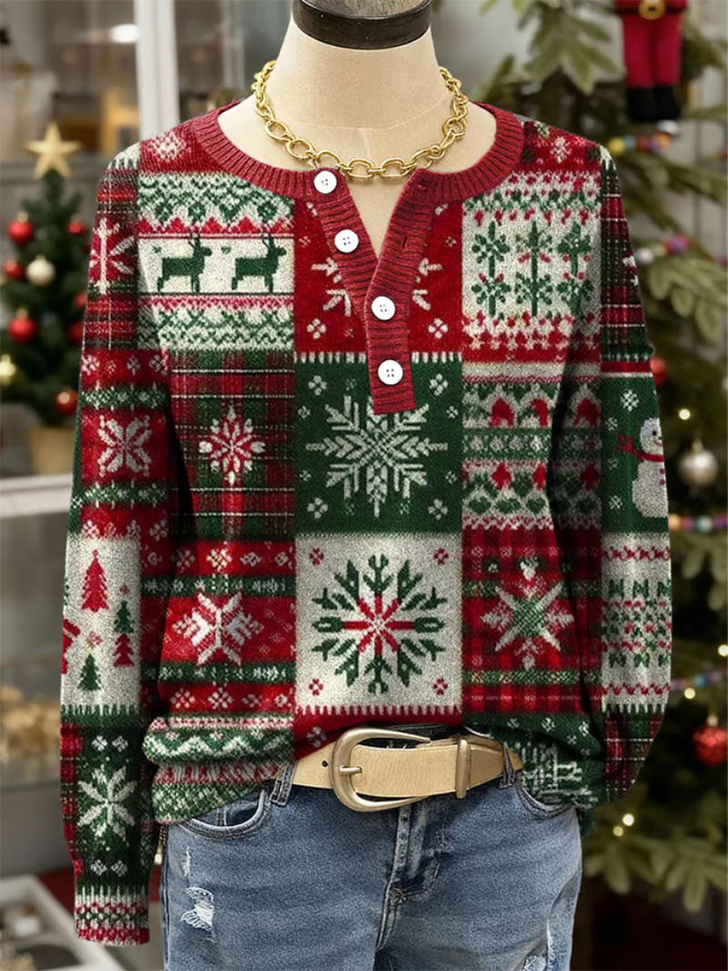Tina | Damen Strickpullover Mit Schneeflocken & Rentierprint