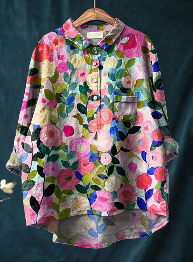 Mary | Bluse aus Baumwolle und Leinen mit Blumendruck