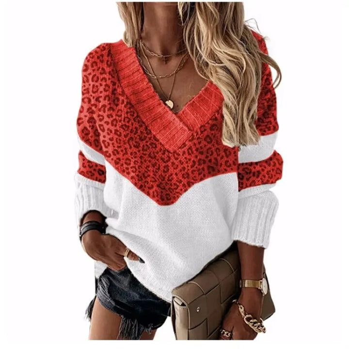 Le Clair | V-Ausschnitt-Pullover mit Leopardenmuster und Farbblöcken