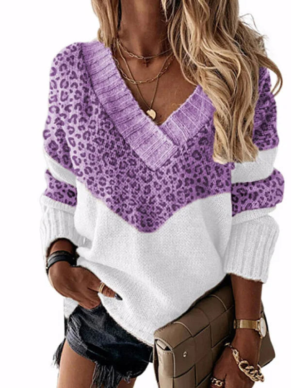 Le Clair | V-Ausschnitt-Pullover mit Leopardenmuster und Farbblöcken