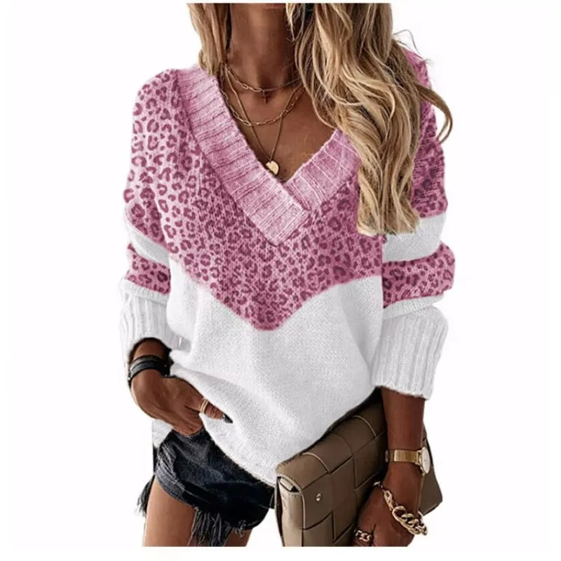 Le Clair | V-Ausschnitt-Pullover mit Leopardenmuster und Farbblöcken