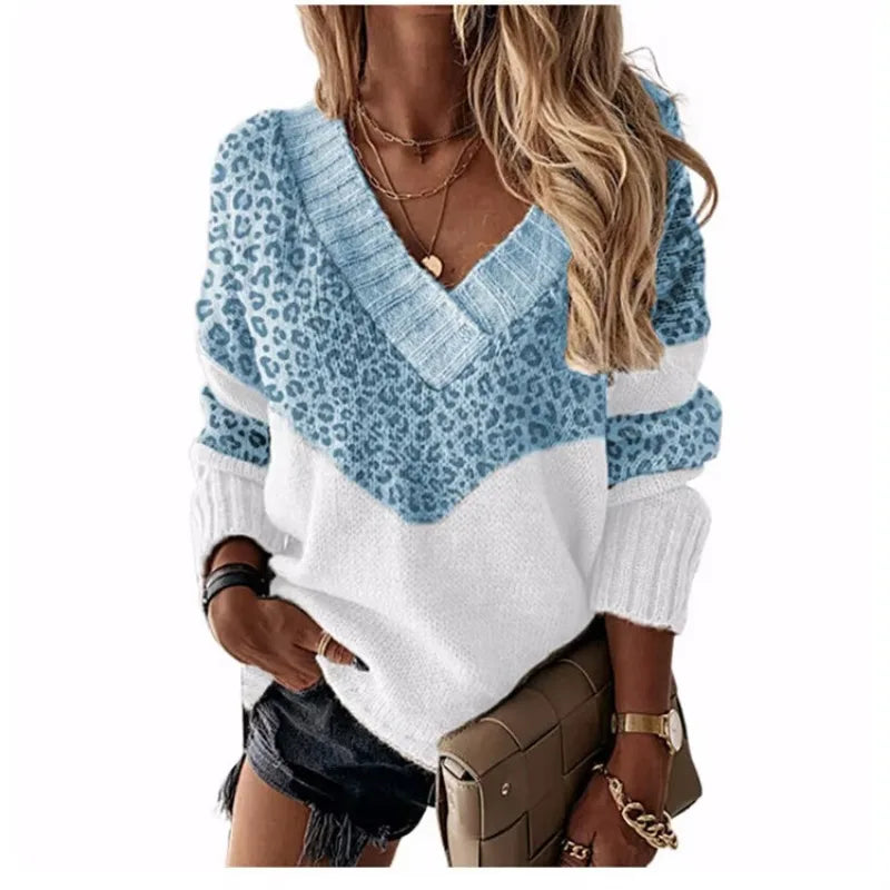 Le Clair | V-Ausschnitt-Pullover mit Leopardenmuster und Farbblöcken
