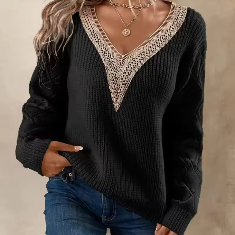Nina | Zeitloser Strickpulli mit V-Ausschnitt und Farbblock