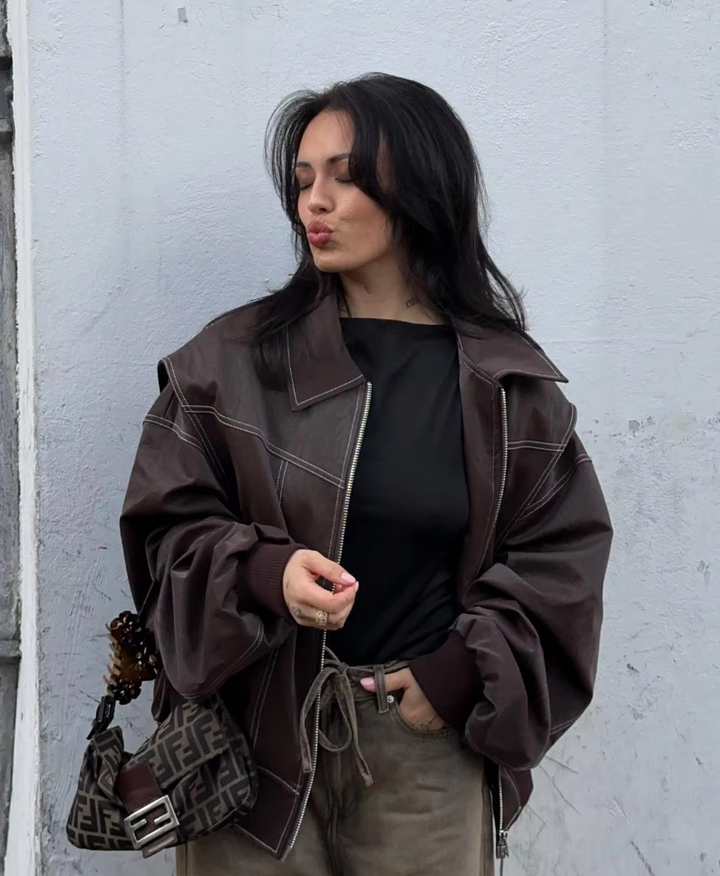 Faye | Lederjacke in Übergröße mit Reißverschluss