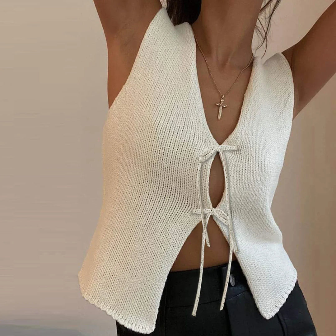 Ärmelloses gestricktes Sommertop mit V-Ausschnitt