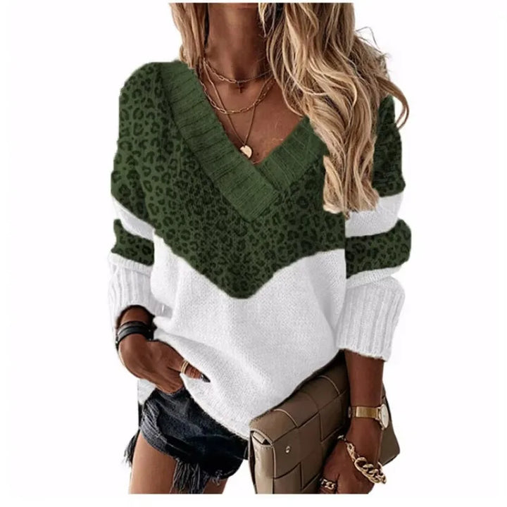 Le Clair | V-Ausschnitt-Pullover mit Leopardenmuster und Farbblöcken