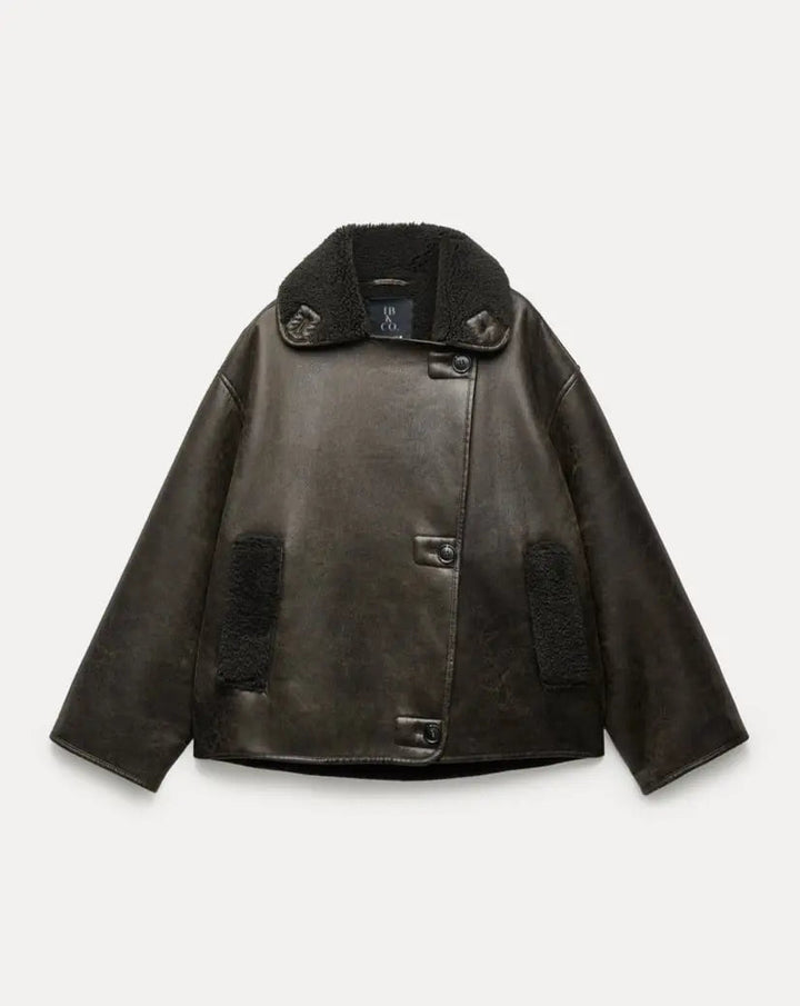 Nina | Warm gefütterter Damenmantel aus Kunstfell & Leder