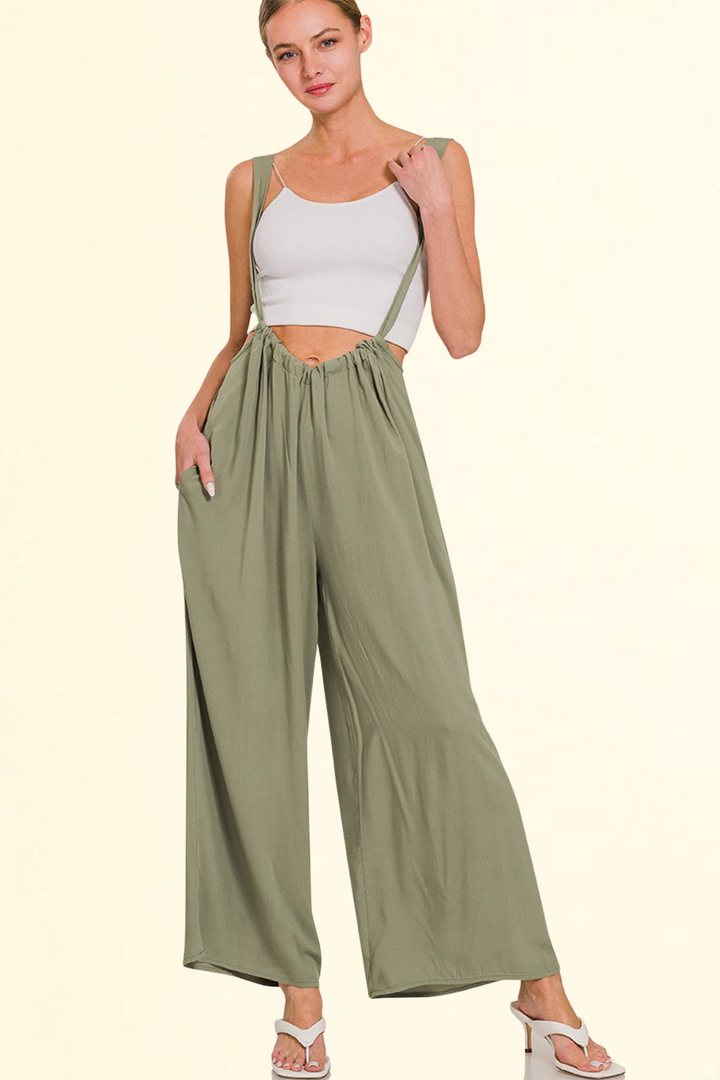 Olivegrüne Latzhose mit weitem Bein & Taschen