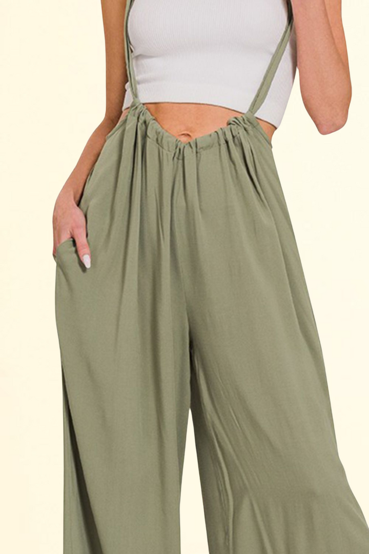 Olivegrüne Latzhose mit weitem Bein & Taschen