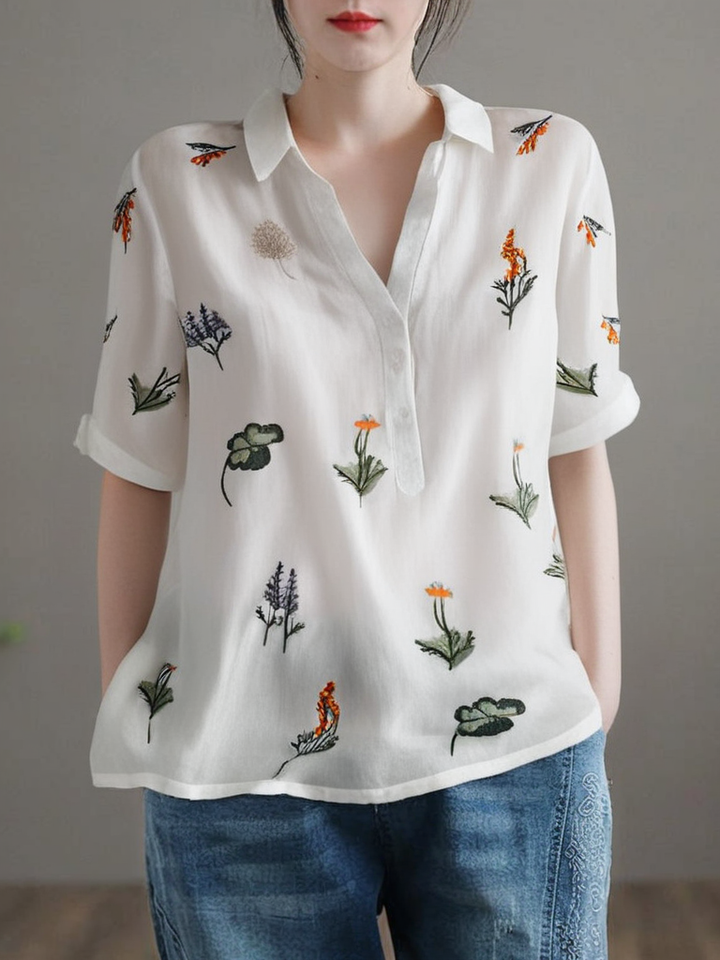 Leinen-Shirt mit Peter-Pan-Kragen und Druckpatchwork