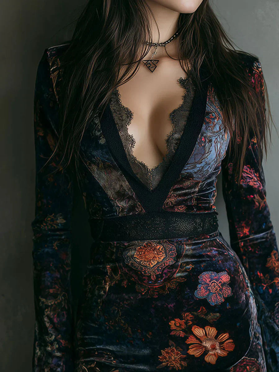 Elena | Samt-Minikleid mit floralem Print & Schnürung