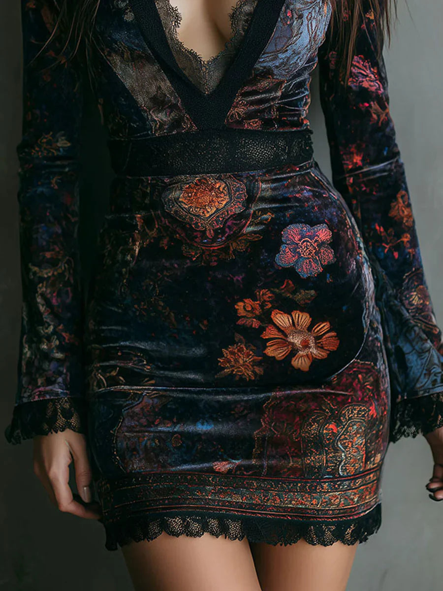 Elena | Samt-Minikleid mit floralem Print & Schnürung