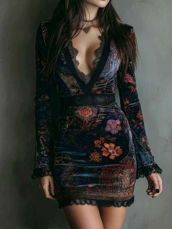 Elena | Samt-Minikleid mit floralem Print & Schnürung