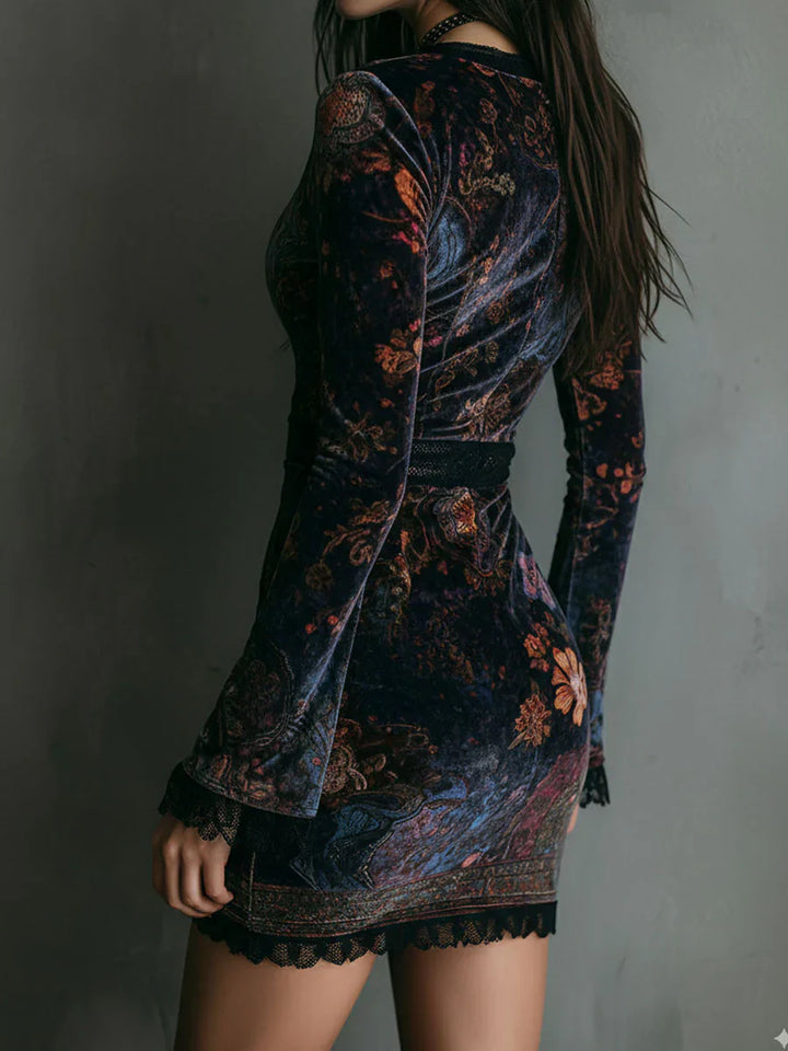 Elena | Samt-Minikleid mit floralem Print & Schnürung