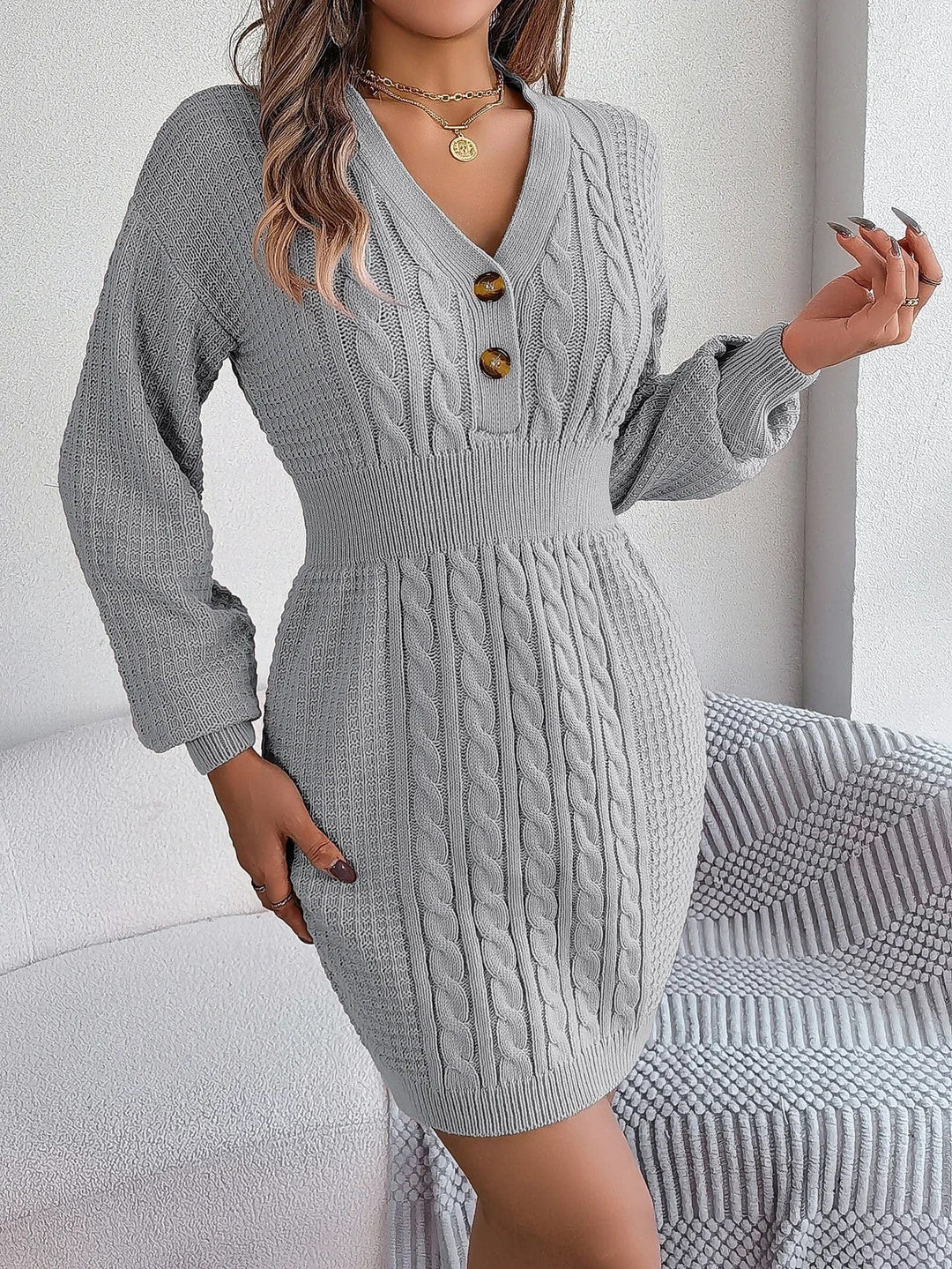 Romy | Damen Strickkleid elegant langärmlig & mit Knöpfen