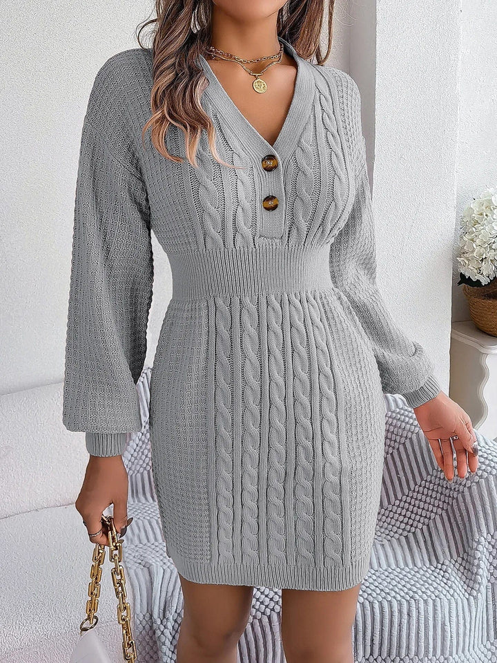 Romy | Damen Strickkleid elegant langärmlig & mit Knöpfen
