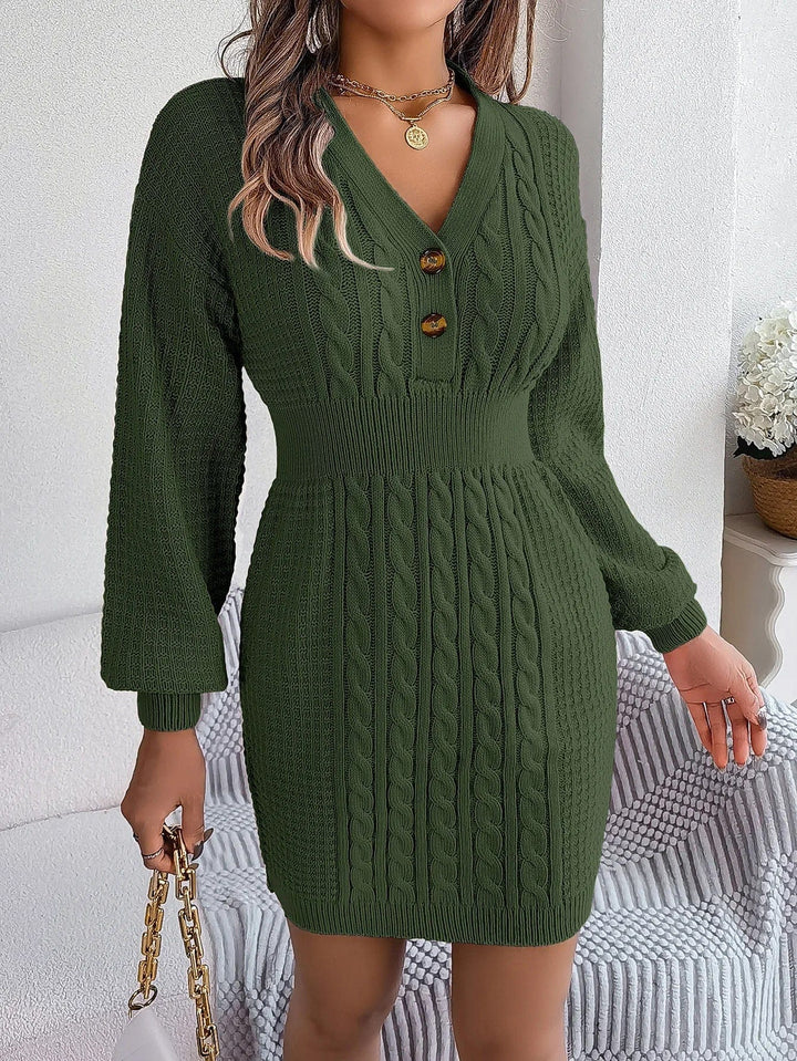 Romy | Damen Strickkleid elegant langärmlig & mit Knöpfen