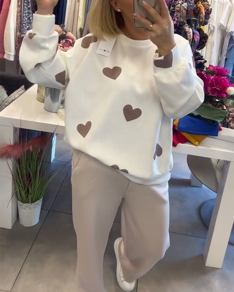 Zoe | Damen Pullover Baumwollmix Herz Print Lässig