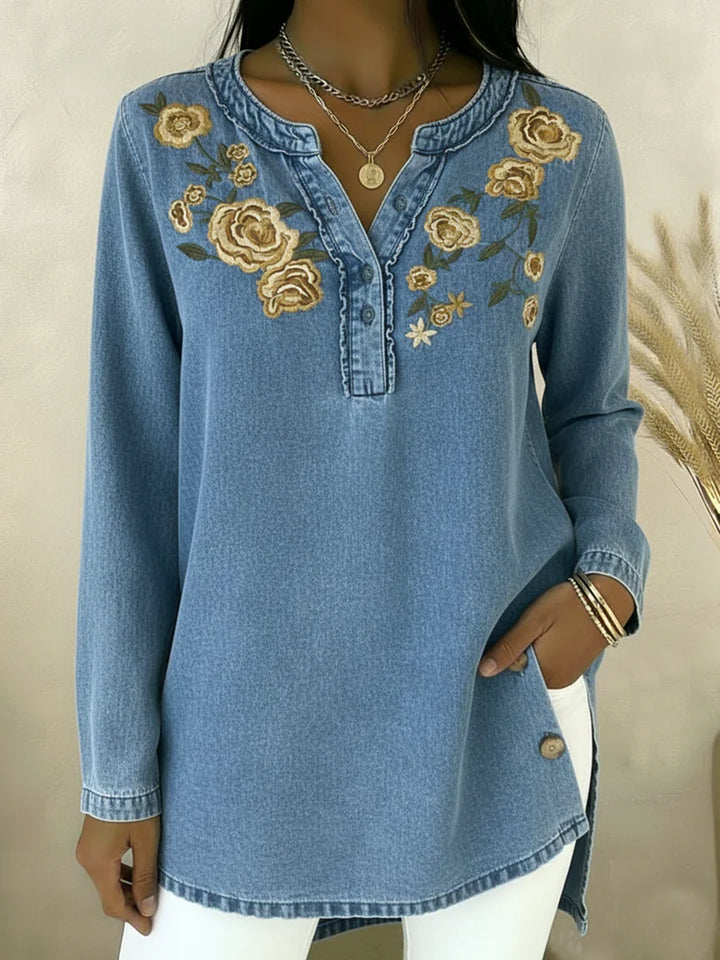 Nadja | Zeitloses Denim-Hemd mit Blumenmuster Damen