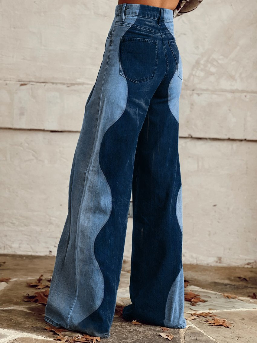 Patchwork-Jeans mit weitem Bein und Wellenmuster
