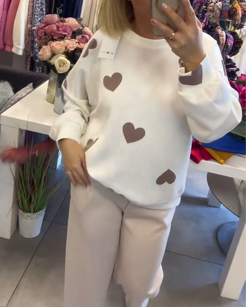 Zoe | Damen Pullover Baumwollmix Herz Print Lässig