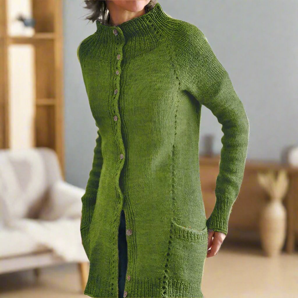 Kugja | Lange Damenstrickjacke mit Knöpfen & Kragen