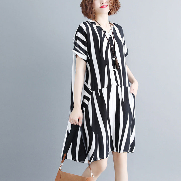 Mode gestreifte Baumwolle Leinen Kleider plus Größe kurze Ärmel Kleid 2018 V-Ausschnitt Baumwolle Leinen Kleid