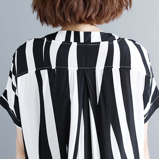 Mode gestreifte Baumwolle Leinen Kleider plus Größe kurze Ärmel Kleid 2018 V-Ausschnitt Baumwolle Leinen Kleid