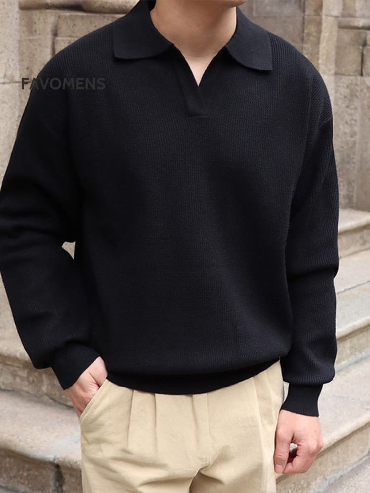 Herren Retro Polo Pullover mit V-Ausschnitt & Langarm