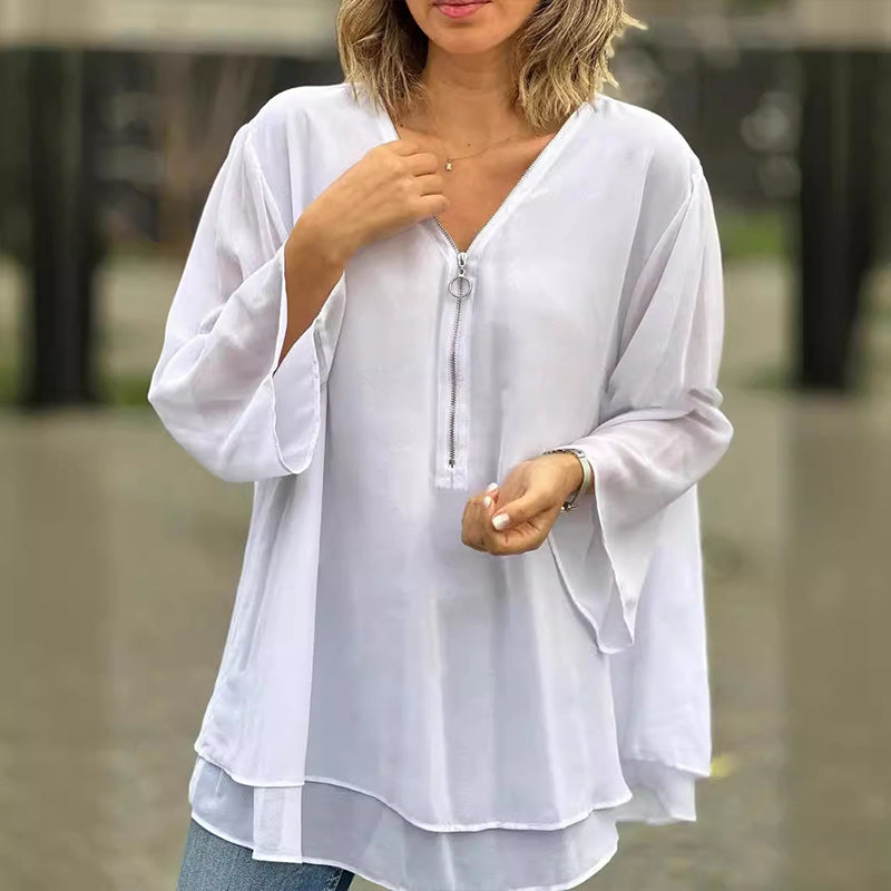 Chiffon | Leichtes Oberteil mit V-Ausschnitt und Reißverschluss-Detail